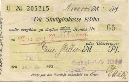 Rötha - Stadtgirokasse - 10.8.1923 - 1 Million Mark 
