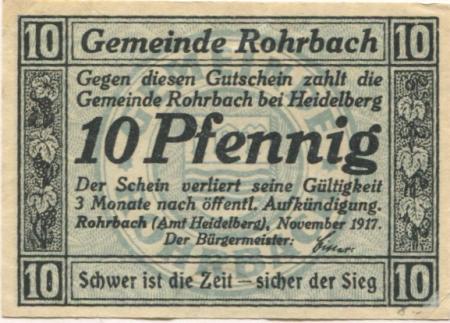 Rohrbach (heute: Heidelberg) - Gemeinde - November 1917 - 10 Pfennig 