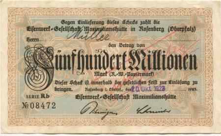Rosenberg (heute: Sulzbach-Rosenberg) - Eisenwerk-Gesellschaft Maximlianshütte - 20.10.1923 - 500 Millionen Mark 