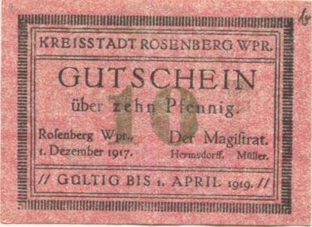 Rosenberg (heute: PL-Susz) - Stadt - 1.12.1917 - 1.4.1919 - 10 Pfennig 
