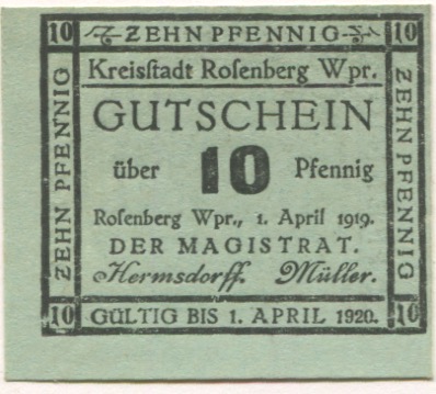 Rosenberg (heute: PL-Susz) - Stadt - 1.4.1919 - 1.4.1920 - 10 Pfennig 