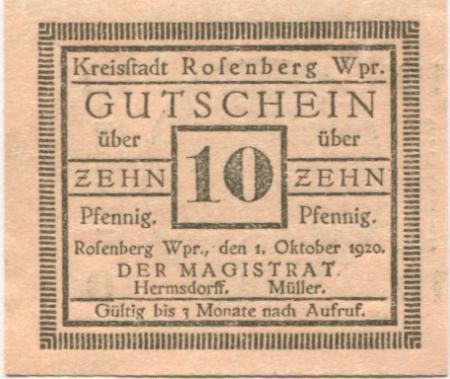 Rosenberg (heute: PL-Susz) - Stadt - 1.10.1920 - 10 Pfennig 