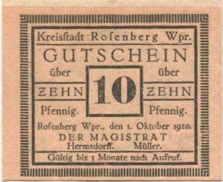 Rosenberg (heute: PL-Susz) - Stadt - 1.10.1920 - 10 Pfennig 