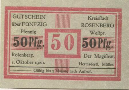 Rosenberg (heute: PL-Susz) - Stadt - 1.10.1920 - 50 Pfennig 