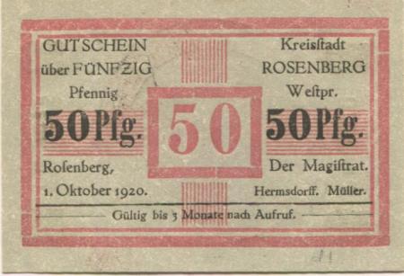 Rosenberg (heute: PL-Susz) - Stadt - 1.10.1920 - 50 Pfennig 