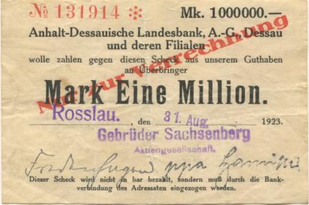 Roßlau - Sachsenberg, Gebrüder, AG - 31.8.1923 - 1 Million Mark 