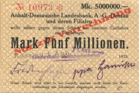 Roßlau - Sachsenberg, Gebrüder, AG - 31.8.1923 - 5 Millionen Mark 