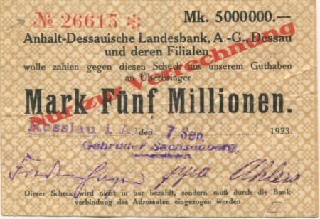 Roßlau - Sachsenberg, Gebrüder, AG - 7.9.1923 - 5 Millionen Mark 