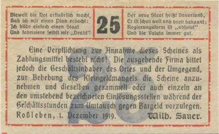 Roßleben - Sauer, Wilhelm, Buchdruckerei und Verlag - 1.12.1919 - 25 Pfennig 