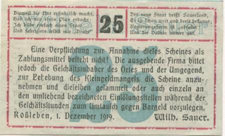Roßleben - Sauer, Wilhelm, Buchdruckerei und Verlag - 1.12.1919 - 25 Pfennig 