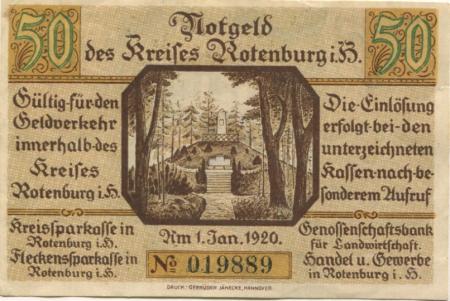 Rotenburg - Kreissparkasse, Fleckensparkasse und Genossenschaftsbank für Landwirtschaft, Handel und Gewerbe - 1.1.1920 - 50 Pfennig 