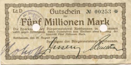 Rotthausen (heute: Gelsenkirchen) - Sparkasse der Bürgermeisterei - 20.8.1923 - 5 Millionen Mark 
