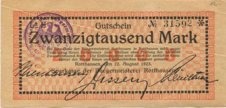 Rotthausen (heute: Gelsenkirchen) - Sparkasse der Bürgermeisterei - 22.8.1923 - 20000 Mark 