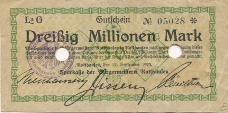 Rotthausen (heute: Gelsenkirchen) - Sparkasse der Bürgermeisterei - 12.9.1923 - 30 Millionen Mark 