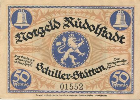 Rudolstadt - Stadt - 16.8.1921 - 50 Pfennig 