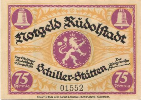 Rudolstadt - Stadt - 16.8.1921 - 75 Pfennig 