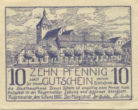 Rügenwalde (heute: PL-Darlowo) - Stadt - 1.6.1920 - 10 Pfennig 