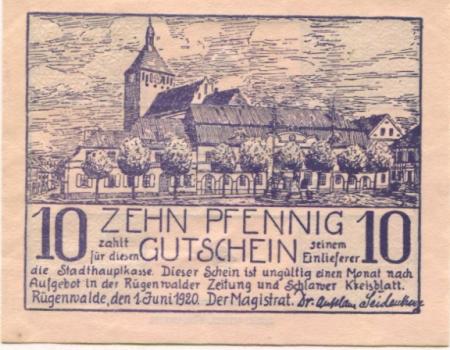 Rügenwalde (heute: PL-Darlowo) - Stadt - 1.6.1920 - 10 Pfennig 