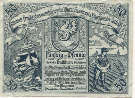 Rügenwalde (heute: PL-Darlowo) - Stadt - 3.5..1921 - 50 Pfennig 