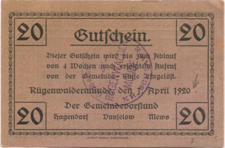 Rügenwaldermünde (heute: PL-Darlowko) - Gemeinde - 1.4.1920 - 20 Pfennig 