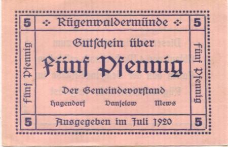 Rügenwaldermünde (heute: PL-Darlowko) - Gemeinde - Juli 1920 - 5 Pfennig 