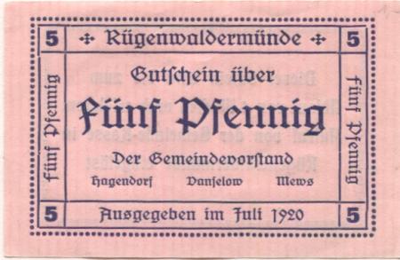 Rügenwaldermünde (heute: PL-Darlowko) - Gemeinde - Juli 1920 - 5 Pfennig 