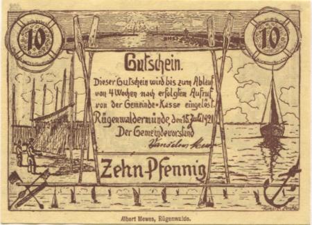 Rügenwaldermünde (heute: PL-Darlowko) - Gemeinde - 15.7.1921 - 10 Pfennig 