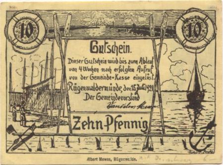 Rügenwaldermünde (heute: PL-Darlowko) - Gemeinde - 15.7.1921 - 10 Pfennig 