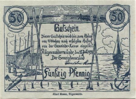 Rügenwaldermünde (heute: PL-Darlowko) - Gemeinde - 15.7.1921 - 50 Pfennig 