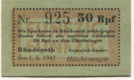 Ründeroth (heute: Engelskirchen) - Gemeinde - 1.6.1947 - 50 Pfennig 