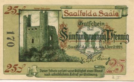 Saalfeld - Stadt - 1.4.1921 - 25 Pfennig 