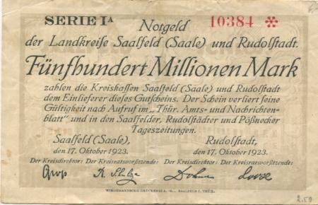 Saalfeld und Rudolstadt - Kreise - 17.10.1923 - 500 Millionen Mark 