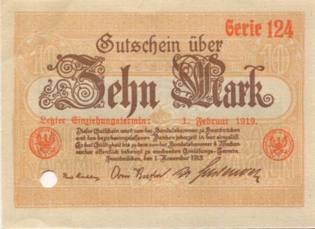 Saarbrücken - Handelskammer - 1.11.1918 - 1.2.1919 - 10 Mark 