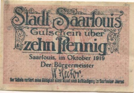 Saarlouis - Stadt - Oktober 1919 - 10 Pfennig 