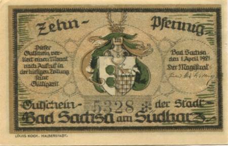 Sachsa (Bad) - Stadt - 1.4.1921 - 10 Pfennig 