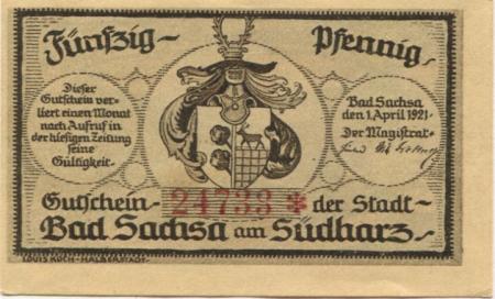 Sachsa (Bad) - Stadt - 1.4.1921 - 50 Pfennig 