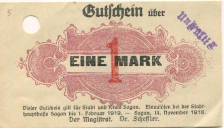 Sagan (heute: PL-Zagan) - Stadt - 14.11.1918 - 1.2.1919 - 1 Mark 