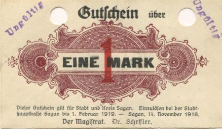 Sagan (heute: PL-Zagan) - Stadt - 14.11.1918 - 1.2.1919 - 1 Mark 