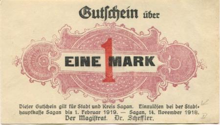 Sagan (heute: PL-Zagan) - Stadt - 14.11.1918 - 1.2.1919 - 1 Mark 