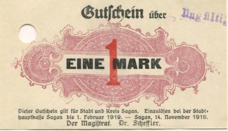 Sagan (heute: PL-Zagan) - Stadt - 14.11.1918 - 1.2.1919 - 1 Mark 