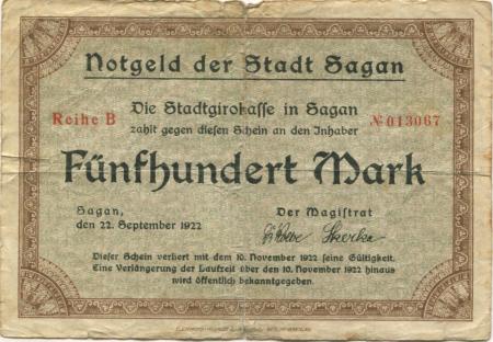 Sagan (heute: PL-Zagan) - Stadt - 22.9.1922 - 10.11.1923 - 500 Mark 