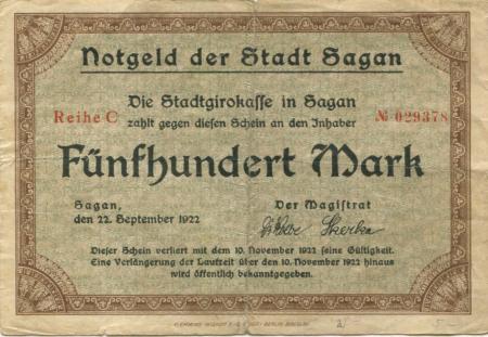 Sagan (heute: PL-Zagan) - Stadt - 22.9.1922 - 10.11.1923 - 500 Mark 