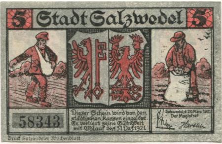 Salzwedel - Stadt - 20.3.1921 - 5 Pfennig 