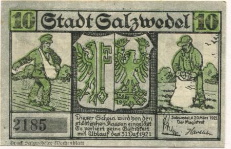 Salzwedel - Stadt - 20.3.1921 - 10 Pfennig 