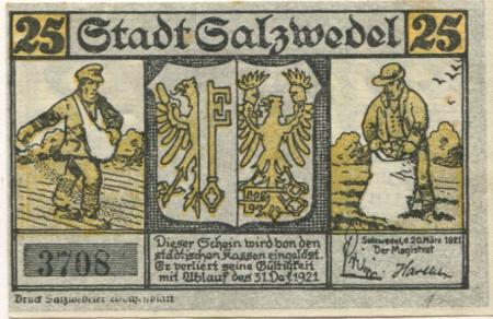 Salzwedel - Stadt - 20.3.1921 - 25 Pfennig 