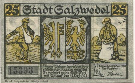 Salzwedel - Stadt - 20.3.1921 - 25 Pfennig 