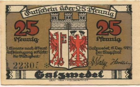 Salzwedel - Stadt - 15.12.1921 - 25 Pfennig 