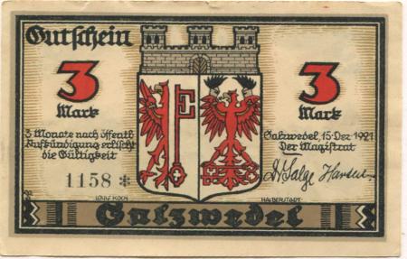 Salzwedel - Stadt - 15.12.1921 - 3 Mark 