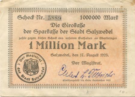 Salzwedel - Stadt - 17.8.1923 - Ende September 1923 - 1 Million Mark 