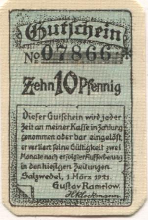 Salzwedel - Ramelow, Gustav, Manufakturwaren, Herren- und Damen-Konfektion, Damen-Putz - 1.3.1921 - 10 Pfennig 
